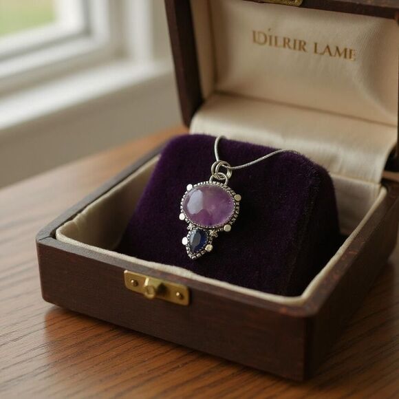 Large Artisan Crafted Amethyst Pendant Necklace Double Stone Sterling Silver New - Picture 10 of 11